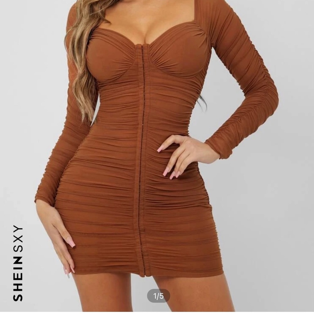 Rust Mesh Ruched Sweetheart neck dress